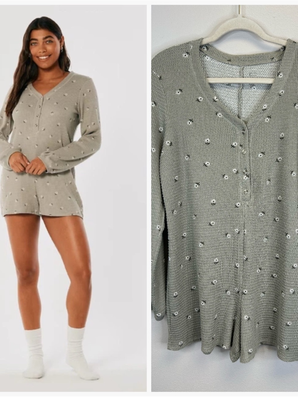 Cozy Floral Knit Henley Pajama Romper Sage Green Size M Soft Sleepwear Cute